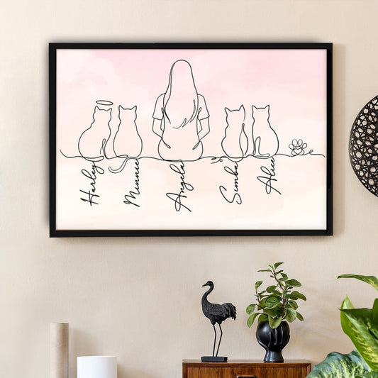 Minimalist Line Art Poster of Cats and Woman, Warm Pink Tone, Cozy Wall Art, Thoughtful Gift for Friendship and Home
