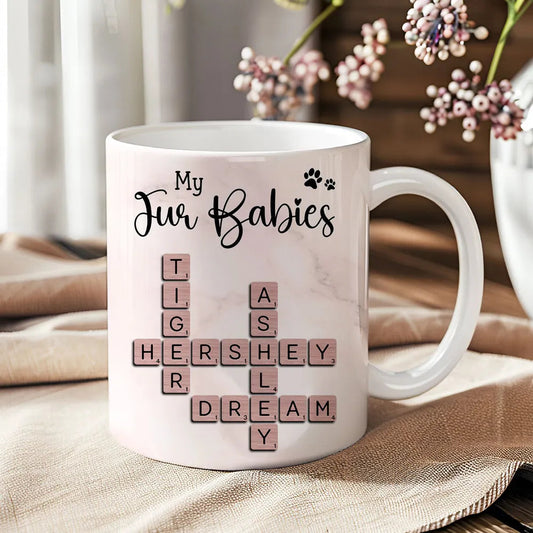 Personalized White Ceramic Mug for Fur Babies Lovers with Crossword Pet Names, Cute Unique Gift for Dog or Cat Mom