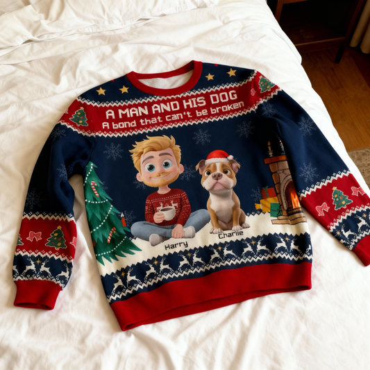 A Man and His Dog Sweatshirt, Custom All-Over Print, Cozy Christmas Cartoon, unique gift for dog dads & pet lovers