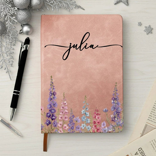Custom Leather Journal for Her with Delicate Birth Flower Design – Personalized Writing Notebook, Meaningful Gift for Wife, Sister or Teen Girl