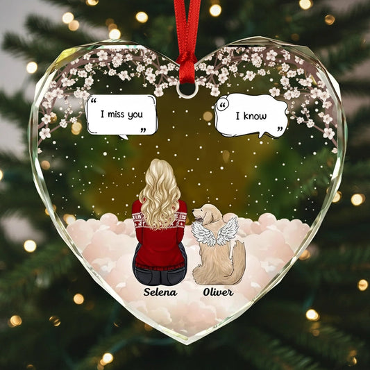 Heart Crystal Ornament with woman and angel dog in clouds, a touching memorial gift for pet lovers