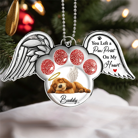 Acrylic Ornament with Angel Wings & Paw Print – Pet Memorial Keepsake for Dog Lovers, heartfelt gift for Christmas and beyond