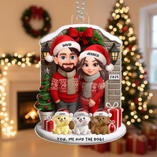 Acrylic Ornament featuring “You, Me and the Dogs” theme, festive sweaters, gifts and tree—perfect holiday gift for Couples and Dog Lovers