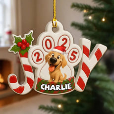 Acrylic Ornament JOY Paw Print with Cute Dog - Christmas Decor, Heartwarming Keepsake, Unique Gift for Pet Owners