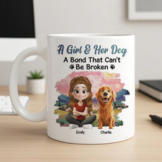 A Girl & Her Dog Ceramic Mug, Personalized Keepsake Gift for Dog Moms, Cute Sunset Illustration for Cozy Coffee