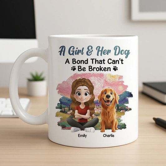 A Girl & Her Dog Ceramic Mug, Personalized Keepsake Gift for Dog Moms, Cute Sunset Illustration for Cozy Coffee