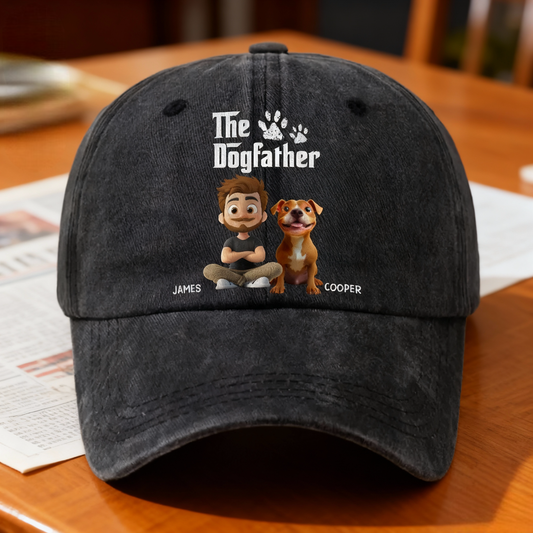 The Dogfather Baseball Cap – washed denim with fun dog dad graphic, casual adjustable fit, perfect gift for dog lovers