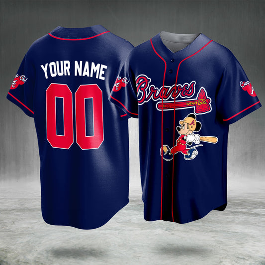 Custom Baseball Fan Jersey Navy Red Button Up Sports Shirt Cartoon Style Team Inspired Gift for Men Women