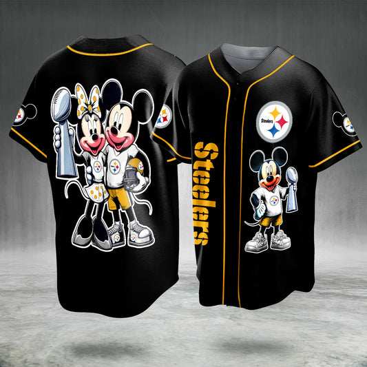Cartoon Mouse Football Fan Baseball Jersey Black Gold Button Up Sports Shirt Game Day Gift for Men Women