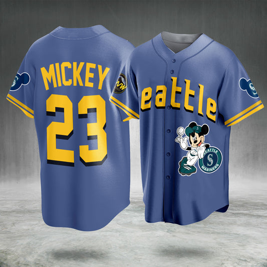 Cartoon Mouse Baseball Jersey Blue Gold Button Up Sports Fan Shirt Gift for Adults