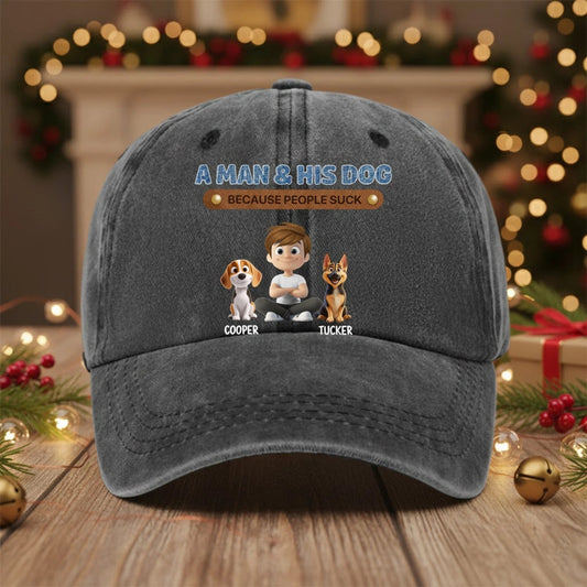 Personalized Washed Denim Baseball Cap for Dog & Cat Dads, Funny Cartoon Design, Casual Outdoor Wear, Unique Gift for Pet Lovers