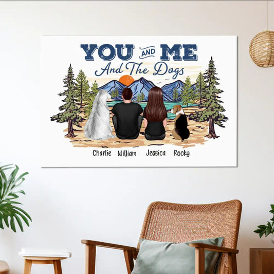 Couple with Dogs Poster Print, Scenic Mountain Landscape Design, Heartwarming Home Wall Art