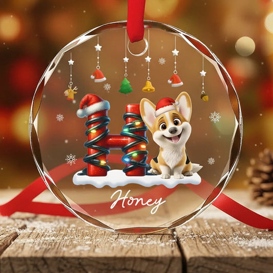 Crystal Ornament - Cute Puppy in Santa Hat, Snowflakes, Personalized Christmas decor, unique gift for dog lovers
