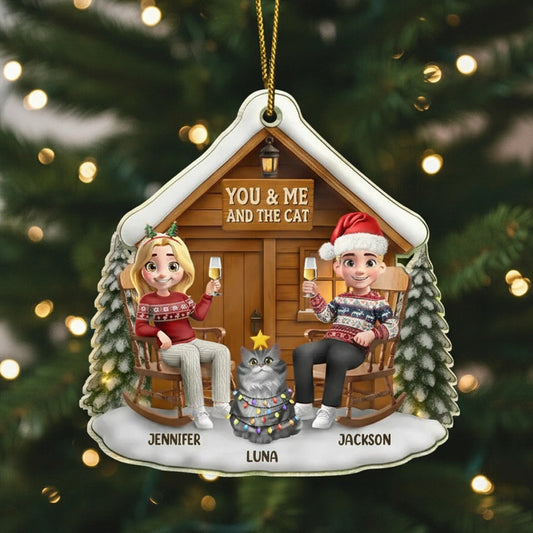 You & Me and the Cat Acrylic Ornament - Cozy Cabin Couple, Snowy Winter Scene - a unique gift for Couples & Cat Lovers