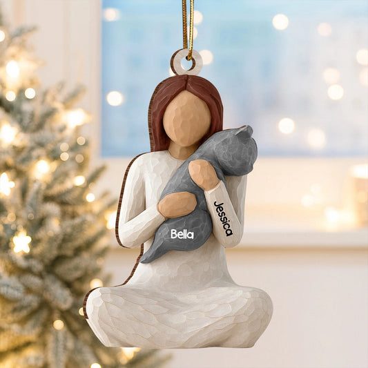 Wooden Ornament - Carved Figure Hugging a Cat, Winter Tree Decor, a unique gift for cat moms & pet owners